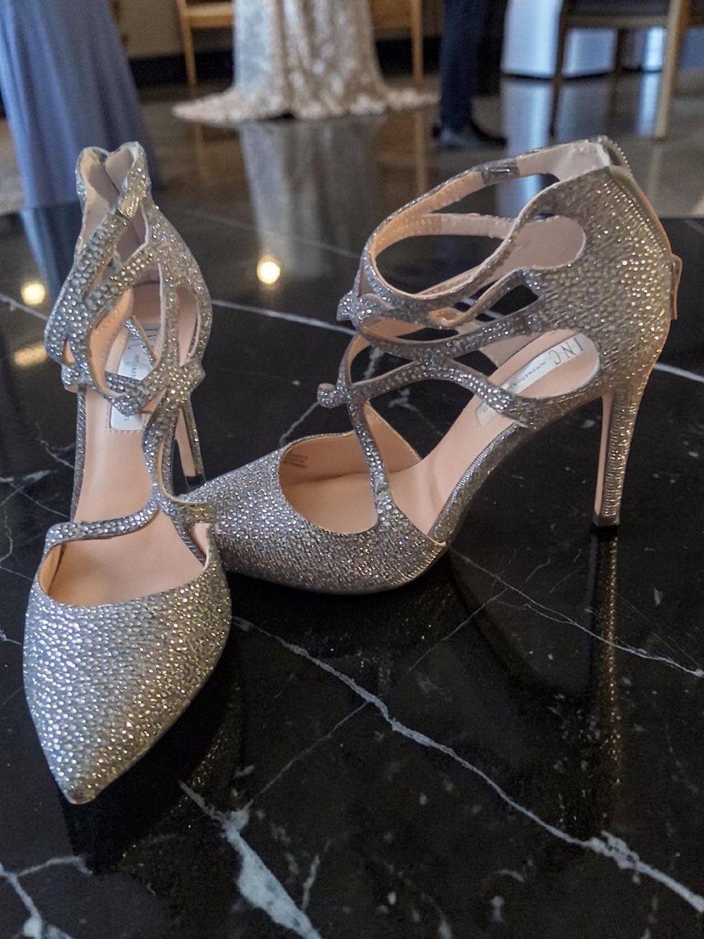 INC International Concepts Silver Glitter Strappy Pointed-Toe Heels